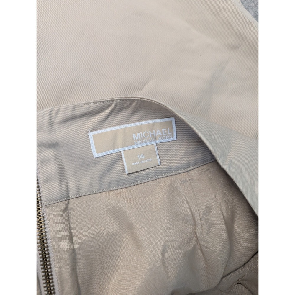 Michael Kors Khaki Beige Cotton Blend Pleated A-Line Skirt Size 14 MK Logo Zip - Picture 6 of 9